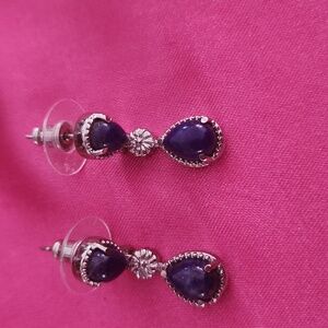 Signed Silver 2 Tier Teardrop Blue Stone Post Back Earrings 1" Drop